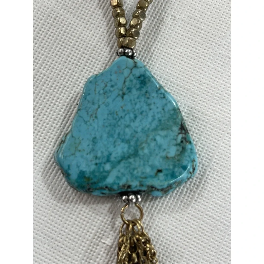 Large Turquoise Color Stone Boho Tassel Necklace Festival Statement